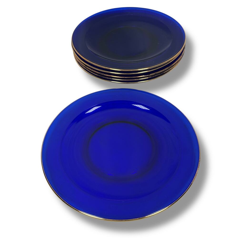 Vintage Cobalt Blue Glass Dinner Plates with Gold Rim 10" Round Decor Lot of 6‎